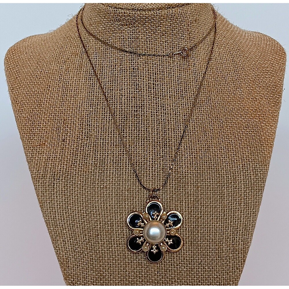 Vintage Goldtone Black Enamel Faux Pearl Flower Pendant Necklace 24 in